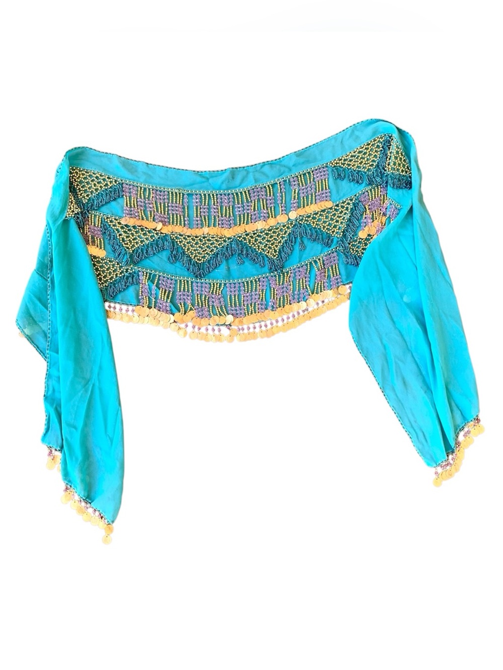 Vintage Blue Beaded Gem Hip Scarf Gold Coin Accent Belly Dancing